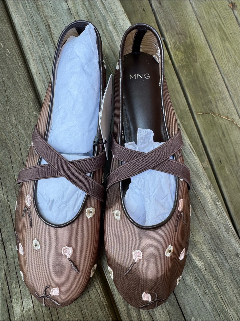 Mango Brown Embroidered Cross-Strap Ballet Flats